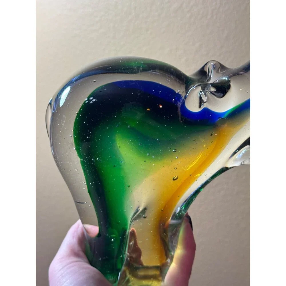 Vintage Glass Elephant Figurine10" Green & Amber Art Glass Decor - Picture 6 of 11